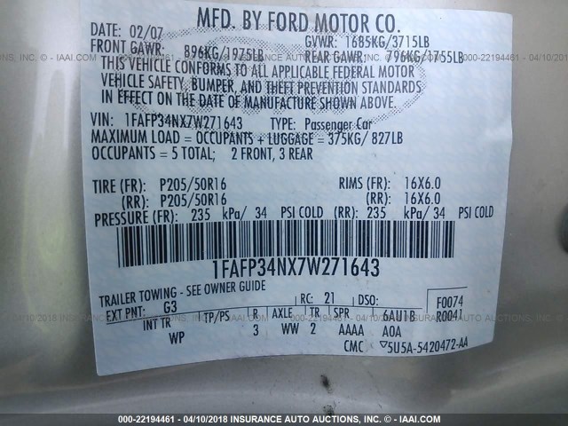 1FAFP34NX7W271643 - 2007 FORD FOCUS ZX4/S/SE/SES TAN photo 9