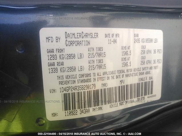 1D4GP24R35B290179 - 2005 DODGE GRAND CARAVAN SE GREEN photo 9