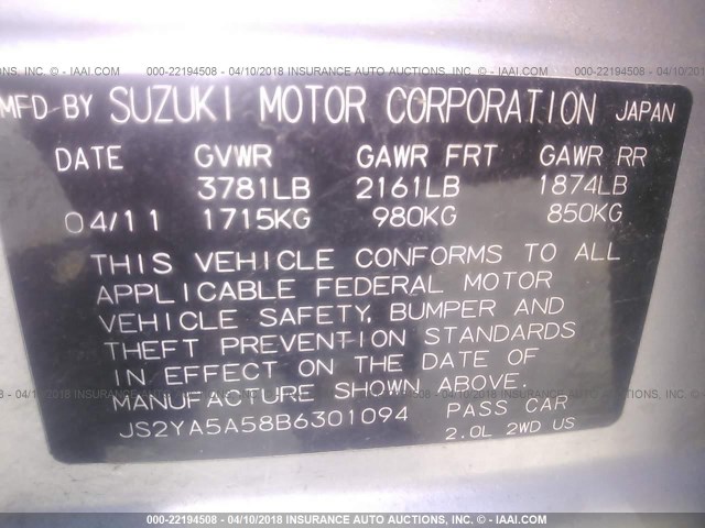 JS2YA5A58B6301094 - 2011 SUZUKI SX4 SILVER photo 9