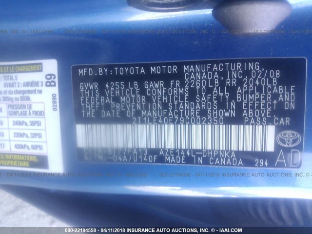 2T1LE40E79C002350 - 2009 TOYOTA COROLLA MATRIX S BLUE photo 9