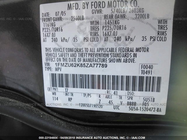 1FMZU62K85ZA77789 - 2005 FORD EXPLORER XLS/XLS SPORT GRAY photo 9