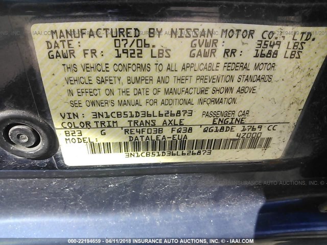 3N1CB51D36L626873 - 2006 NISSAN SENTRA 1.8/1.8S BLUE photo 9