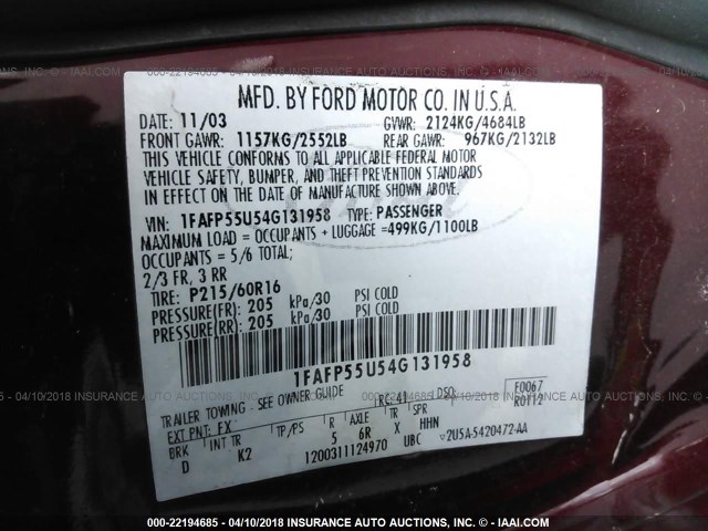 1FAFP55U54G131958 - 2004 FORD TAURUS SES RED photo 9