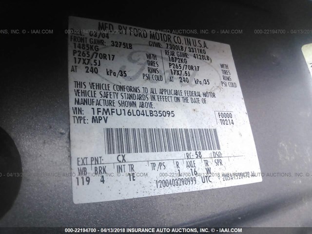 1FMFU16L04LB35095 - 2004 FORD EXPEDITION XLT GRAY photo 9