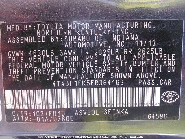 4T4BF1FK5ER364163 - 2014 TOYOTA CAMRY L/SE/LE/XLE 灰色 照片 9