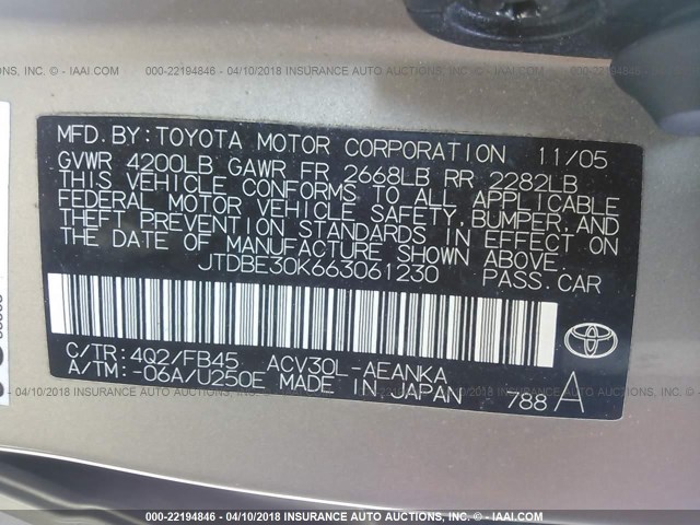 JTDBE30K663061230 - 2006 TOYOTA CAMRY LE/XLE GOLD photo 9