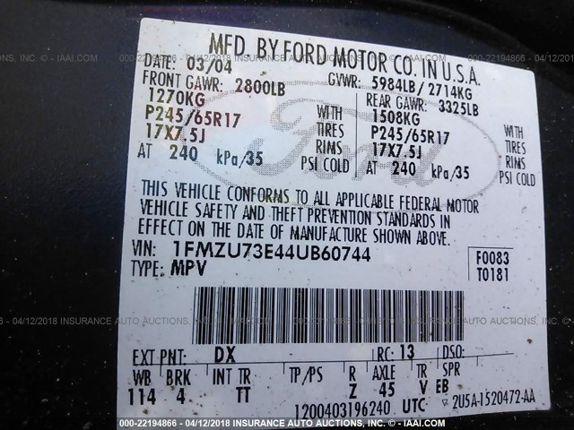 1FMZU73E44UB60744 - 2004 FORD EXPLORER XLT/XLT SPORT/NBX 蓝色 照片 9