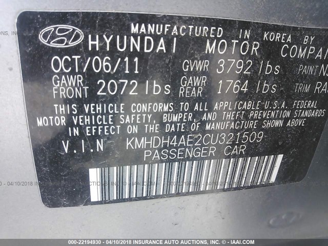 KMHDH4AE2CU321509 - 2012 HYUNDAI ELANTRA GLS/LIMITED GRAY photo 9