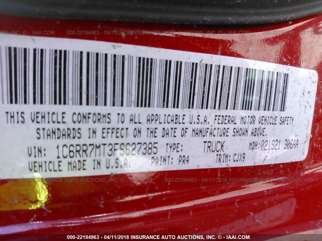 1C6RR7MT3FS627385 - 2015 RAM 1500 SPORT RED photo 9