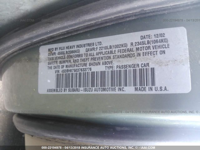 4S3BH675037633776 - 2003 SUBARU LEGACY OUTBACK AWP 绿色 照片 9