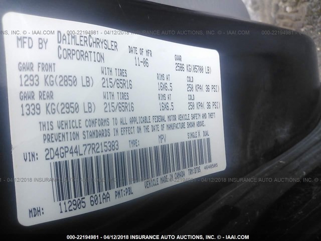 2D4GP44L77R215383 - 2007 DODGE GRAND CARAVAN SXT Navy photo 9