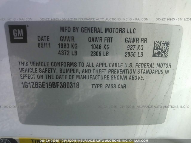 1G1ZB5E19BF380318 - 2011 CHEVROLET MALIBU LS WHITE photo 9