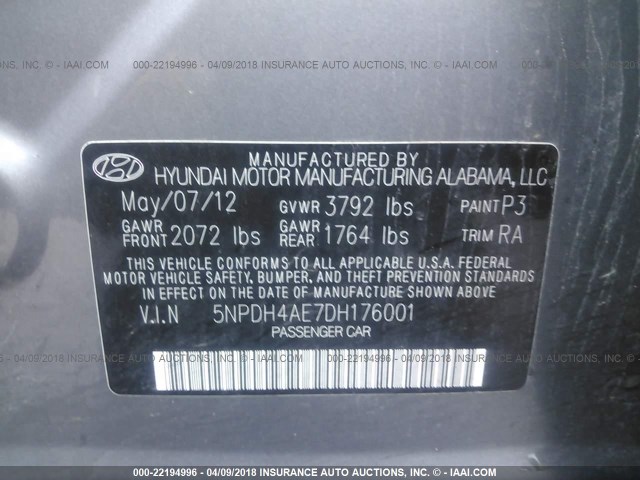 5NPDH4AE7DH176001 - 2013 HYUNDAI ELANTRA GLS/LIMITED GRAY photo 9