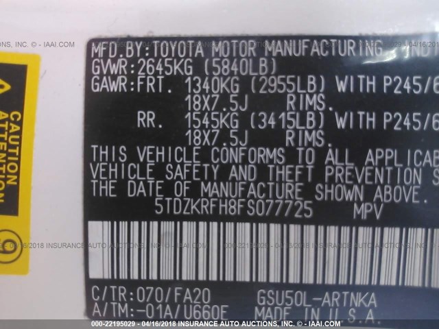 5TDZKRFH8FS077725 - 2015 TOYOTA HIGHLANDER LE/LE PLUS WHITE photo 9