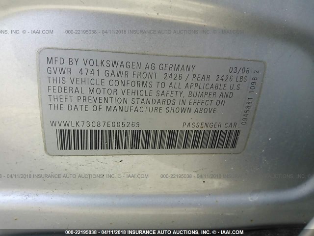 WVWLK73C87E005269 - 2007 VOLKSWAGEN PASSAT 2.0T WAGON VALUE SILVER photo 9