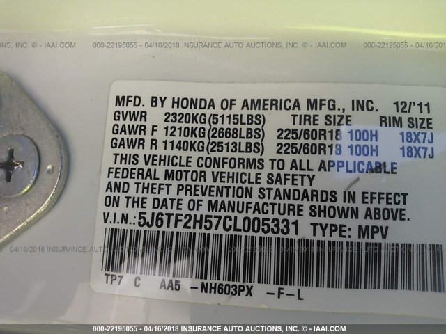 5J6TF2H57CL005331 - 2012 HONDA CROSSTOUR EXL თეთრი ფოტო 9
