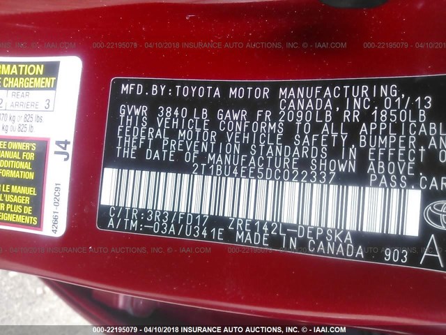 2T1BU4EE5DC022337 - 2013 TOYOTA COROLLA S/LE RED photo 9