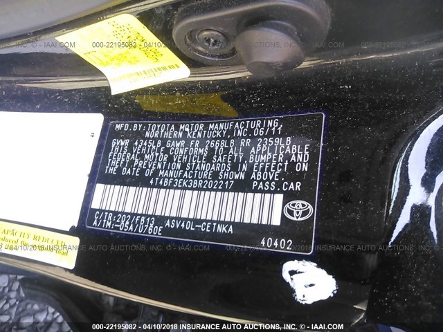 4T4BF3EK3BR202217 - 2011 TOYOTA CAMRY SE/LE/XLE BLACK photo 9