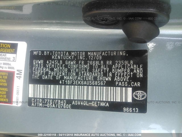 4T1BF3EK6AU568567 - 2010 TOYOTA CAMRY SE/LE/XLE Light Blue photo 9