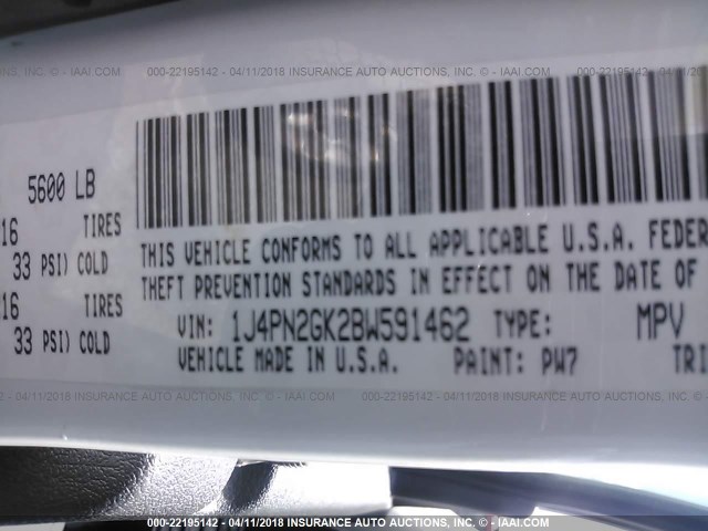 1J4PN2GK2BW591462 - 2011 JEEP LIBERTY SPORT 白色 照片 9