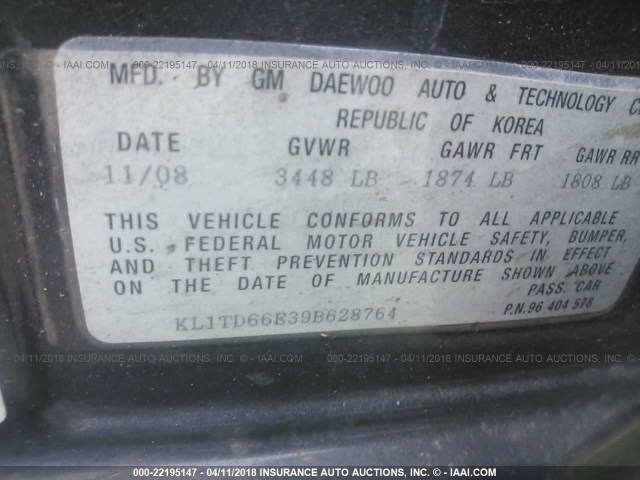 KL1TD66E39B628764 - 2009 CHEVROLET AVEO LS/LT 黑色 照片 9