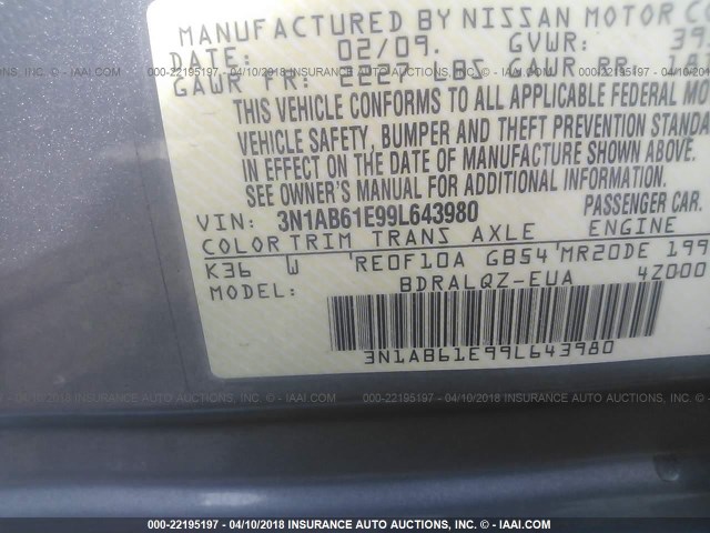 3N1AB61E99L643980 - 2009 NISSAN SENTRA 2.0/2.0S/2.0SL GRAY photo 9