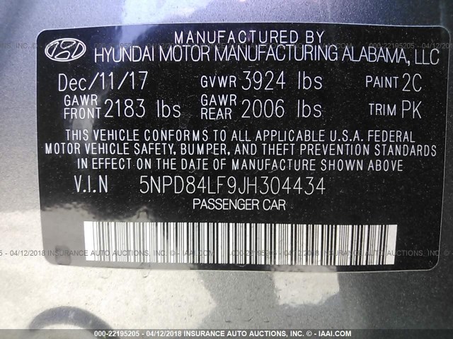 5NPD84LF9JH304434 - 2018 HYUNDAI ELANTRA SEL/VALUE/LIMITED GRAY photo 9