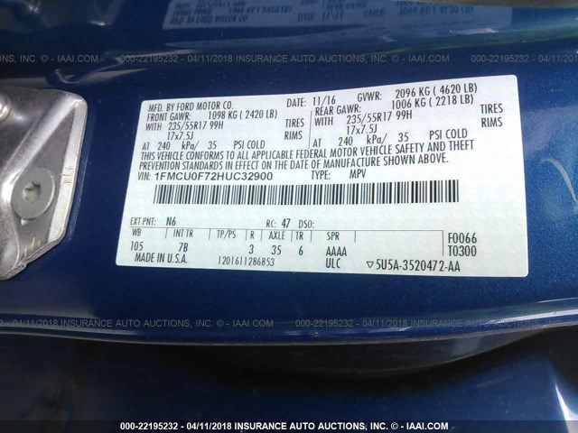 1FMCU0F72HUC32900 - 2017 FORD ESCAPE S BLUE photo 9