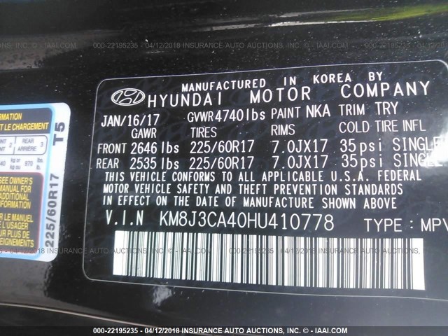 KM8J3CA40HU410778 - 2017 HYUNDAI TUCSON LIMITED/SPORT AND ECO/SE BLACK photo 9