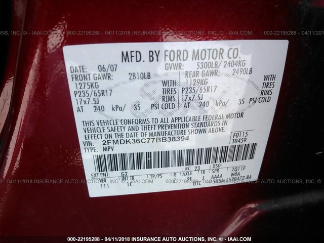 2FMDK36C77BB38394 - 2007 FORD EDGE SE RED photo 9