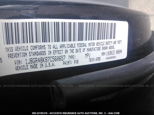 1J8GR48K87C560657 - 2007 JEEP GRAND CHEROKEE LAREDO/COLUMBIA/FREEDOM 黑色 照片 9