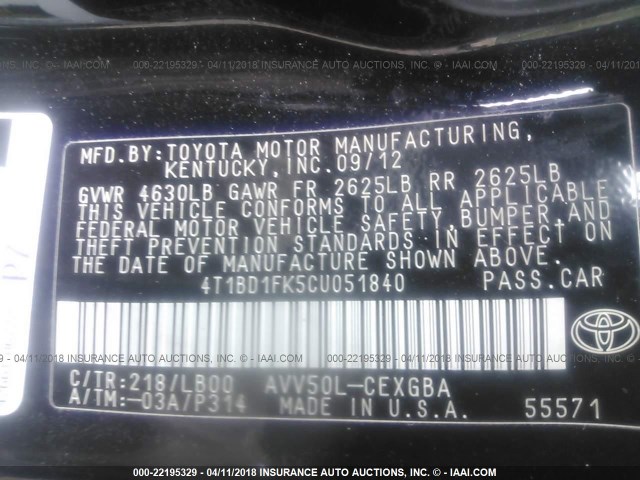 4T1BD1FK5CU051840 - 2012 TOYOTA CAMRY HYBRID/LE/XLE 黑色 照片 9