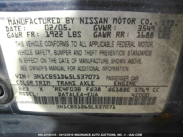 3N1CB51D65L537071 - 2005 NISSAN SENTRA 1.8/1.8S BLUE photo 9