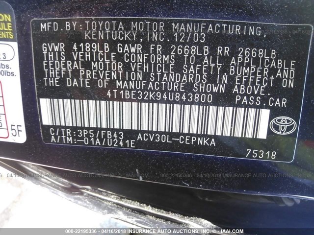 4T1BE32K94U843800 - 2004 TOYOTA CAMRY LE/XLE/SE იასამნისფერი ფოტო 9