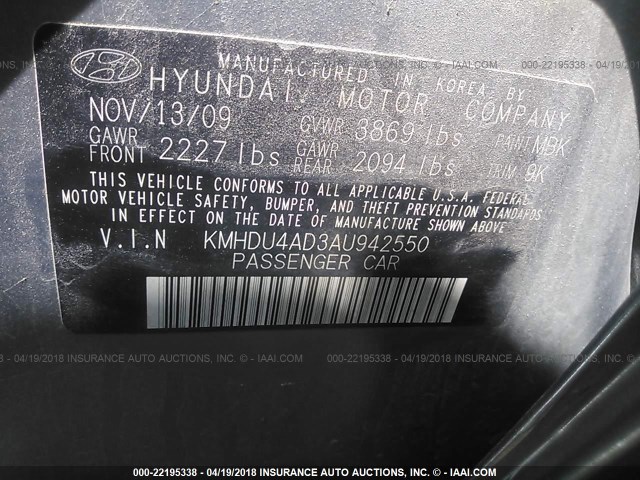 KMHDU4AD3AU942550 - 2010 HYUNDAI ELANTRA BLUE/GLS/SE Boz foto 9