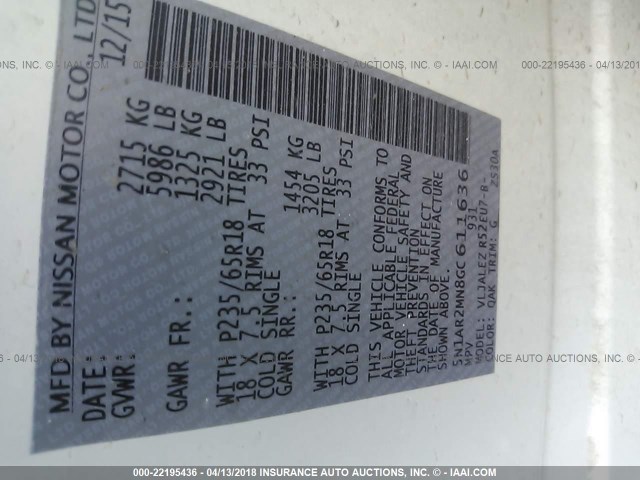 5N1AR2MN8GC611636 - 2016 NISSAN PATHFINDER S/SV/SL/PLATINUM 白色 照片 9