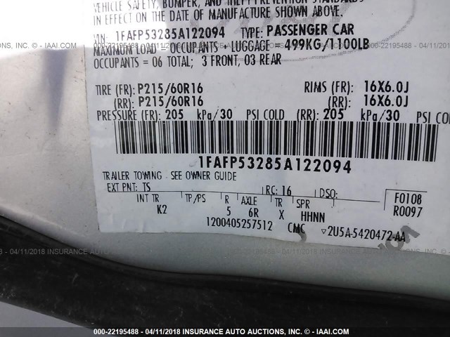 1FAFP53285A122094 - 2005 FORD TAURUS SE SILVER photo 9