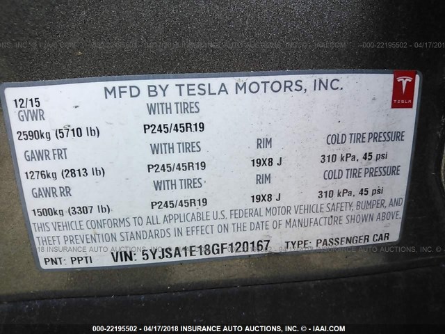 5YJSA1E18GF120167 - 2016 TESLA MODEL S Մոխրագույն լուսանկար 9