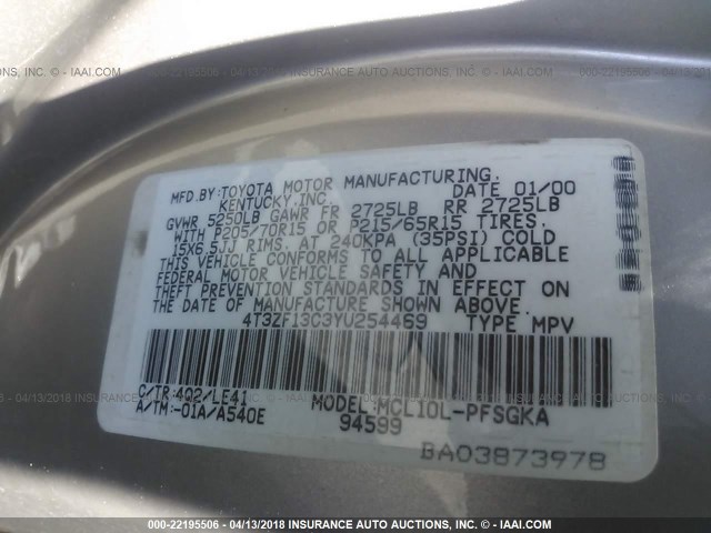 4T3ZF13C3YU254469 - 2000 TOYOTA SIENNA LE/XLE GOLD photo 9