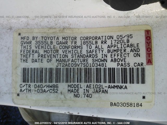 JT2AE09V7S0103481 - 1995 TOYOTA COROLLA DX WHITE photo 9