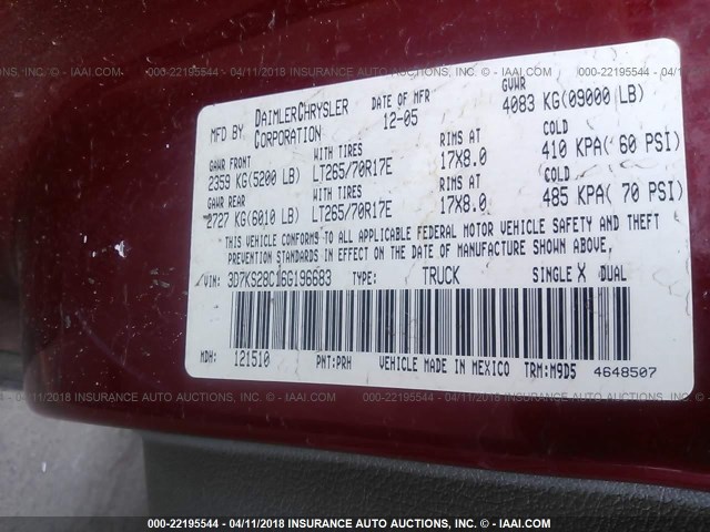 3D7KS28C16G196683 - 2006 DODGE RAM 2500 ST/SLT/LARAMIE 勃艮第红 照片 9