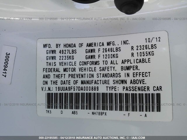 19UUA9F57DA000889 - 2013 ACURA TL TECH WHITE photo 9