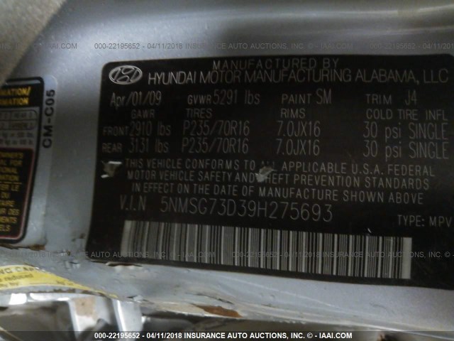 5NMSG73D39H275693 - 2009 HYUNDAI SANTA FE GLS SILVER photo 9