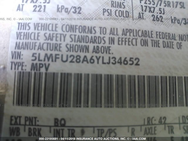 5LMFU28A6YLJ34652 - 2000 LINCOLN NAVIGATOR GOLD photo 9