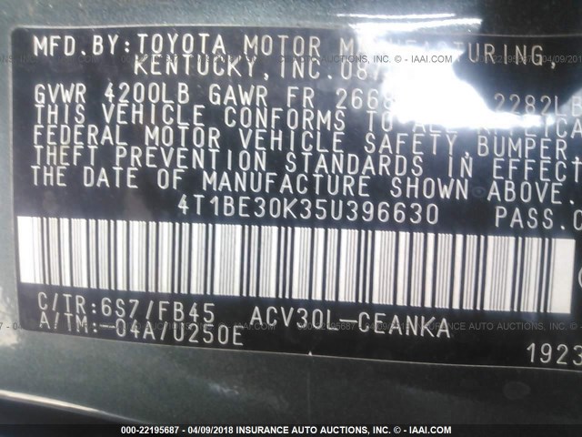 4T1BE30K35U396630 - 2005 TOYOTA CAMRY LE/XLE/SE 绿色 照片 9