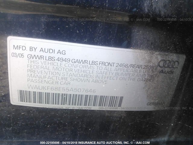 WAUKF68E55A507646 - 2005 AUDI A4 2.0T AVANT QUATTRO Dark Blue photo 9