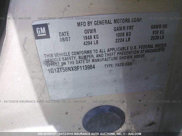 1G1ZT58NX8F113984 - 2008 CHEVROLET MALIBU LT/CLASSIC GOLD photo 9