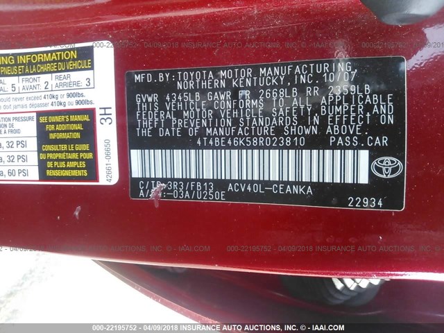 4T4BE46K58R023810 - 2008 TOYOTA CAMRY CE/LE/XLE/SE RED photo 9