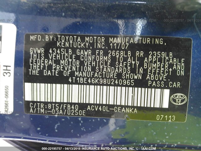 4T1BE46K98U240965 - 2008 TOYOTA CAMRY CE/LE/XLE/SE BLUE photo 9