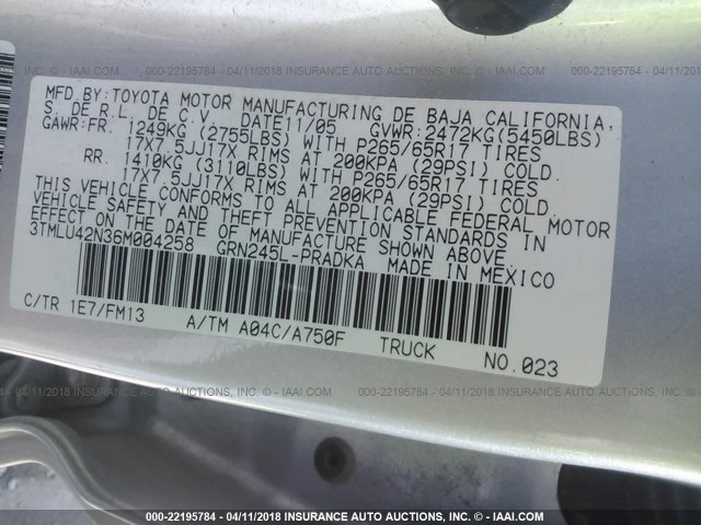 3TMLU42N36M004258 - 2006 TOYOTA TACOMA DOUBLE CAB ვერცხლისფერი ფოტო 9